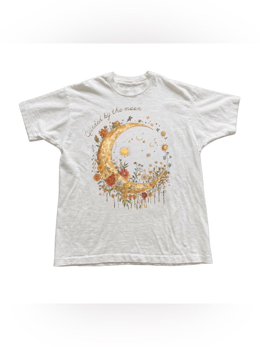White Tee with Golden Crescent Moon & Floral Graphic